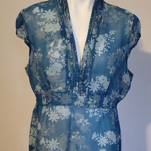 Sheer Floral Plunge V-Neck Blouse in Teal and Light Gray